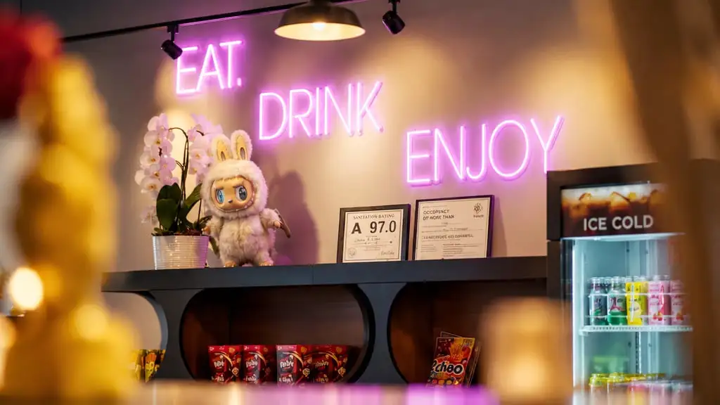 The counter at Hibachi K and Sushi under pink neon reading Eat. Drink. Enjoy., with an orchid, a plush toy, boxed Japanese snacks on the shelf below and a drinks fridge