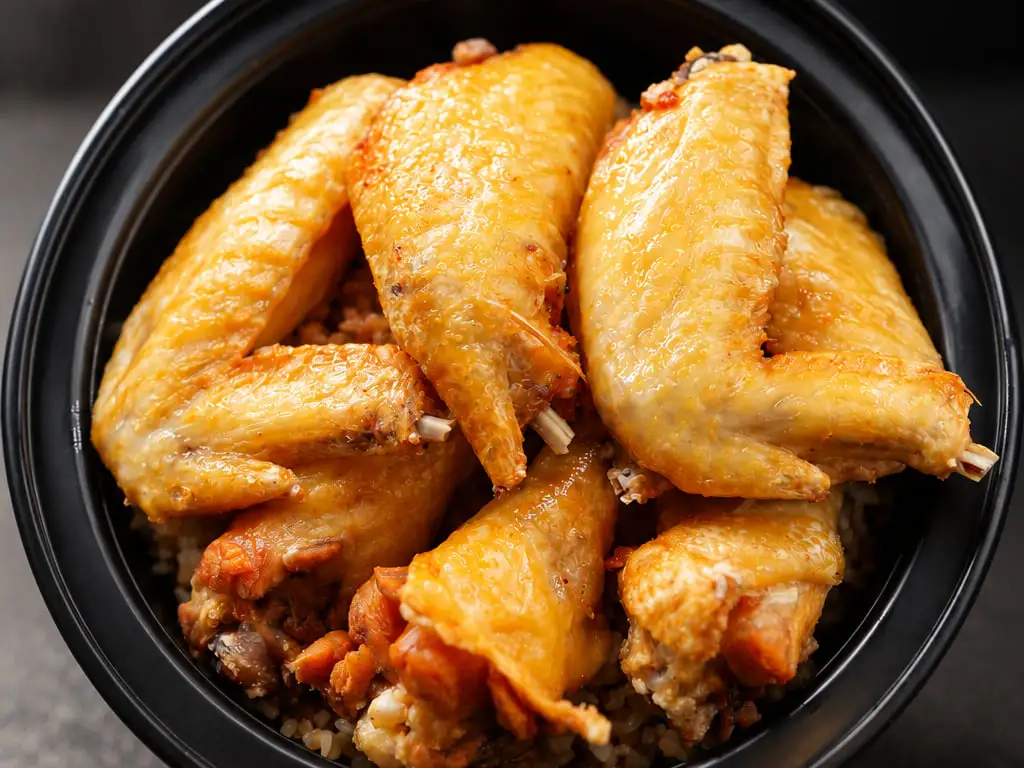 Golden roasted chicken wings piled over fried rice in a black bowl